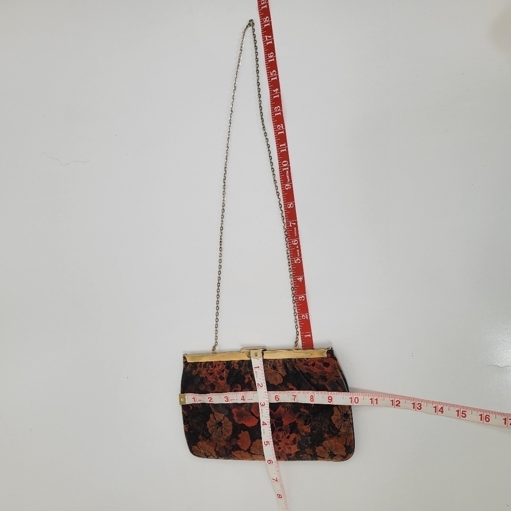 VTG Floral Fabric Unique Opening Bag Clutch Brown Orange Black Flora Gold Strap - Picture 16 of 17